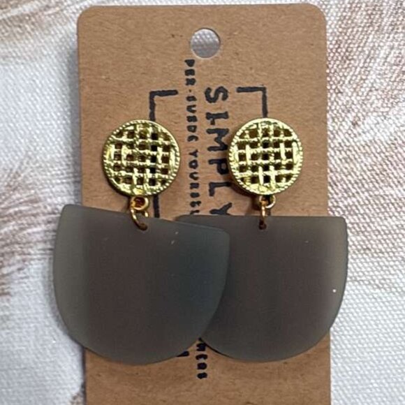 Matte Gray Acetate & Gold Drop Earrings - Minimalist - Picture 3 of 3